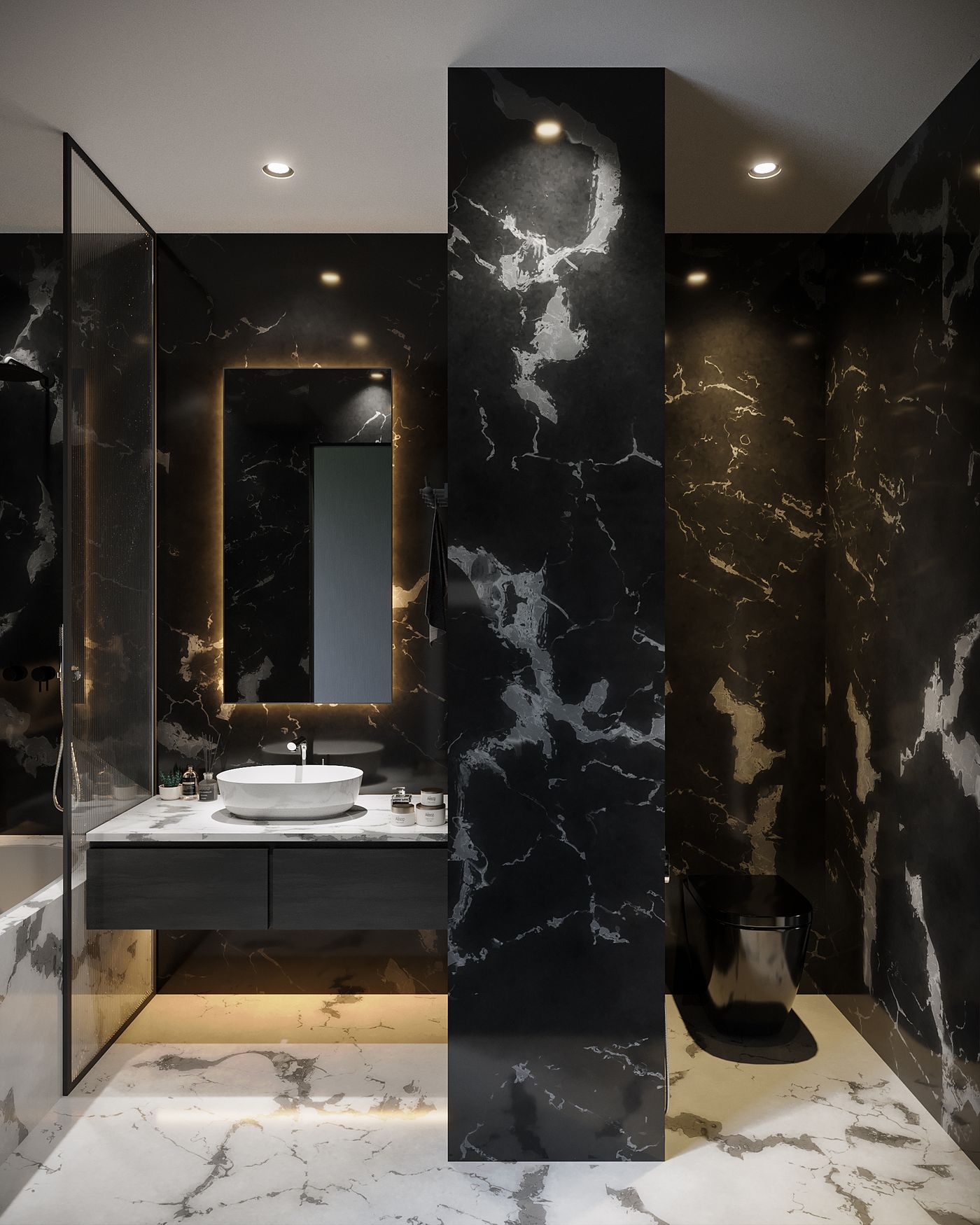 Black marble bathroom with a floating basin and brass-framed mirror